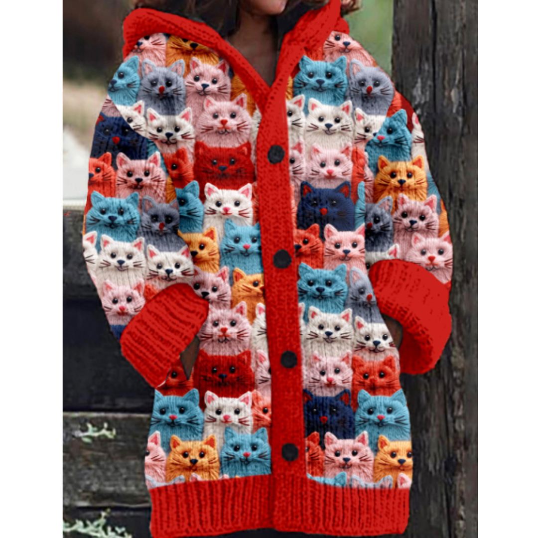Cardigan Lenora Multicolored with Cat Patterns – Cozy & Original, Acrylic and Polyester Blend