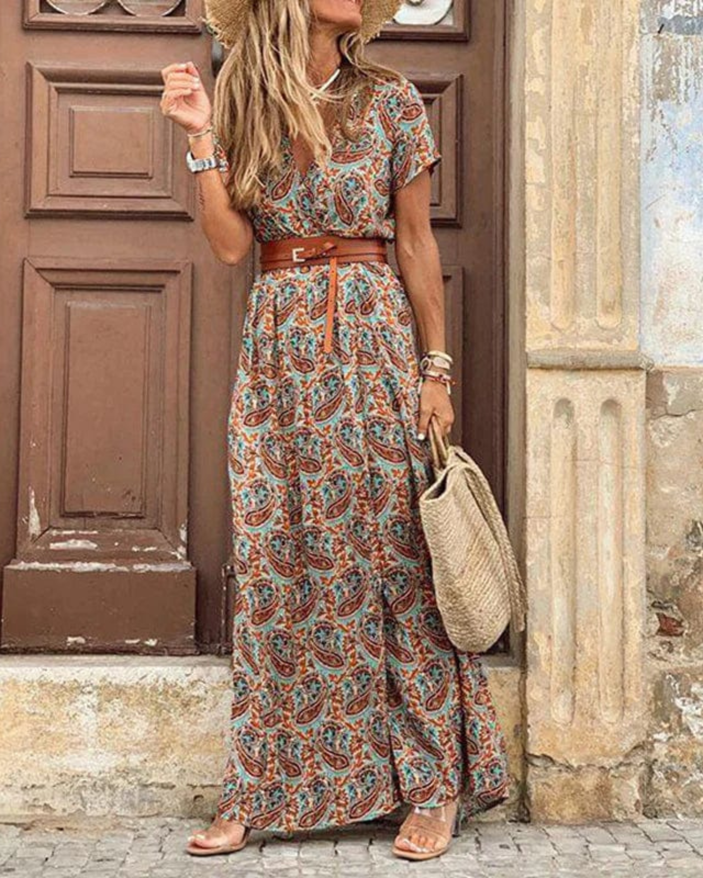Dlhé dámske šaty Sanne – Boho letné šaty s potlačou Ibiza, výstrih do V a elastický pás