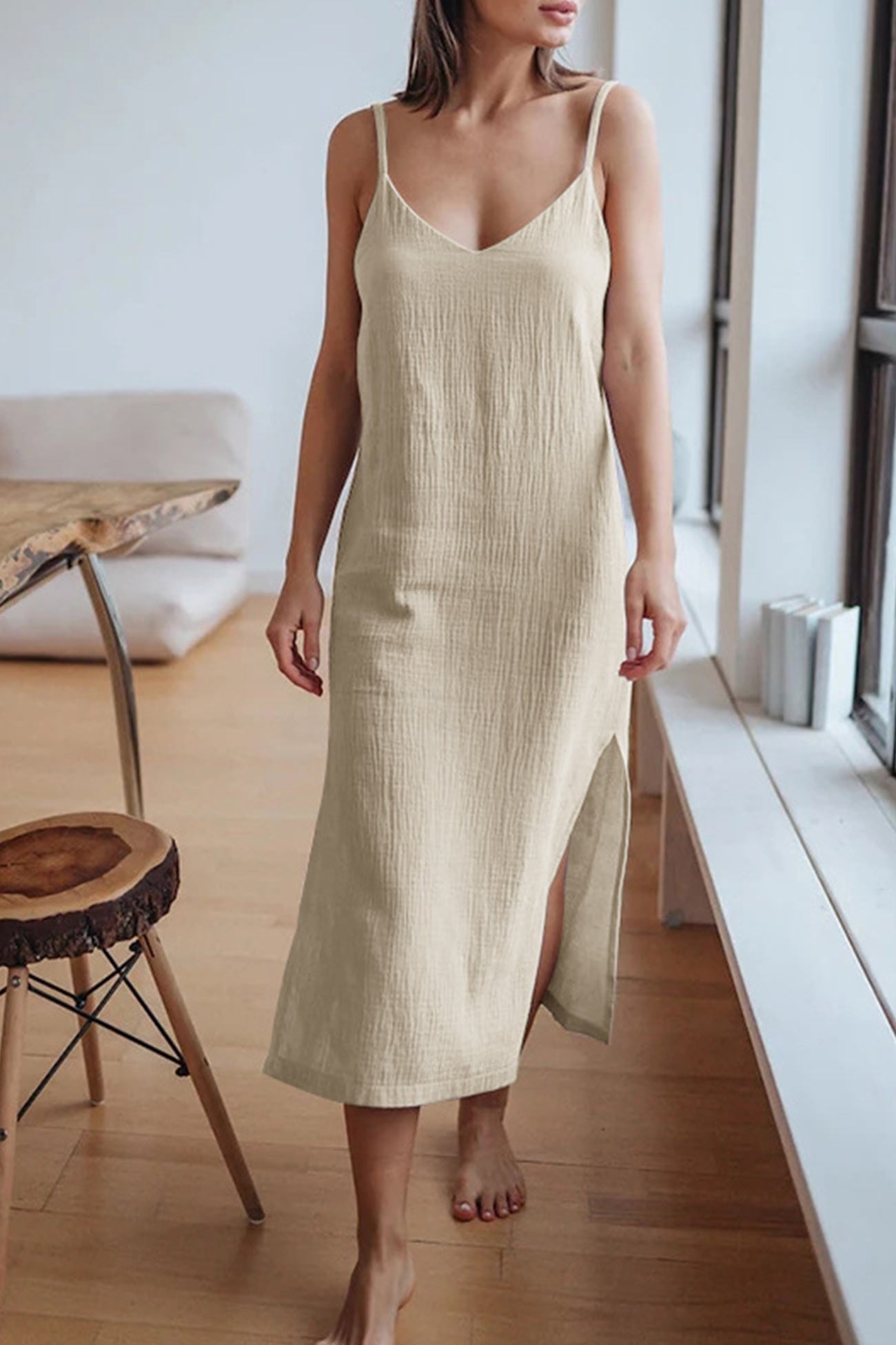 Robe d’Été Femme Cristy – Robe Midi en Lin Cami avec Col en V, Bretelles Spaghetti & Fente