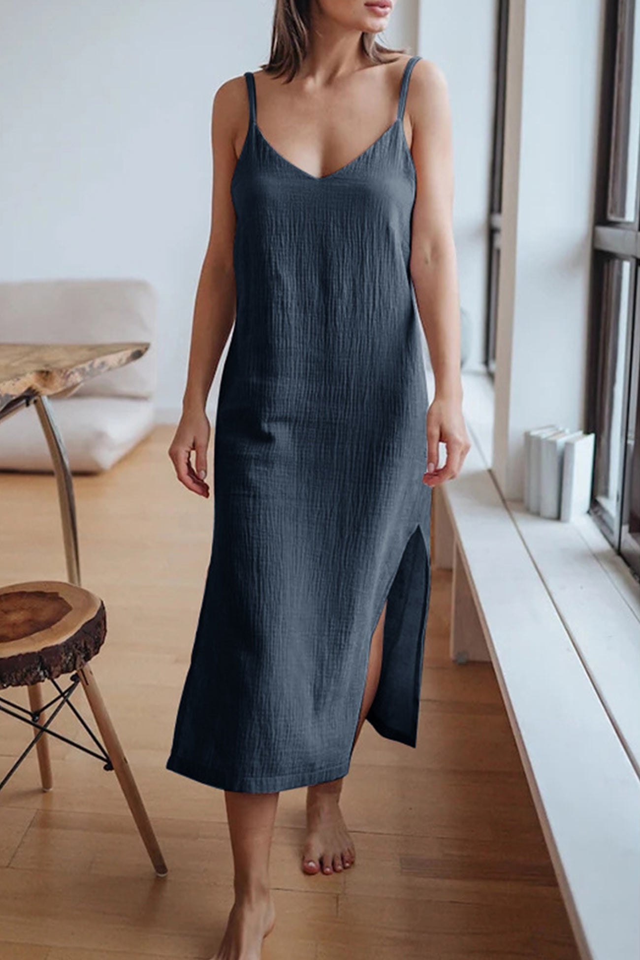 Robe d’Été Femme Cristy – Robe Midi en Lin Cami avec Col en V, Bretelles Spaghetti & Fente