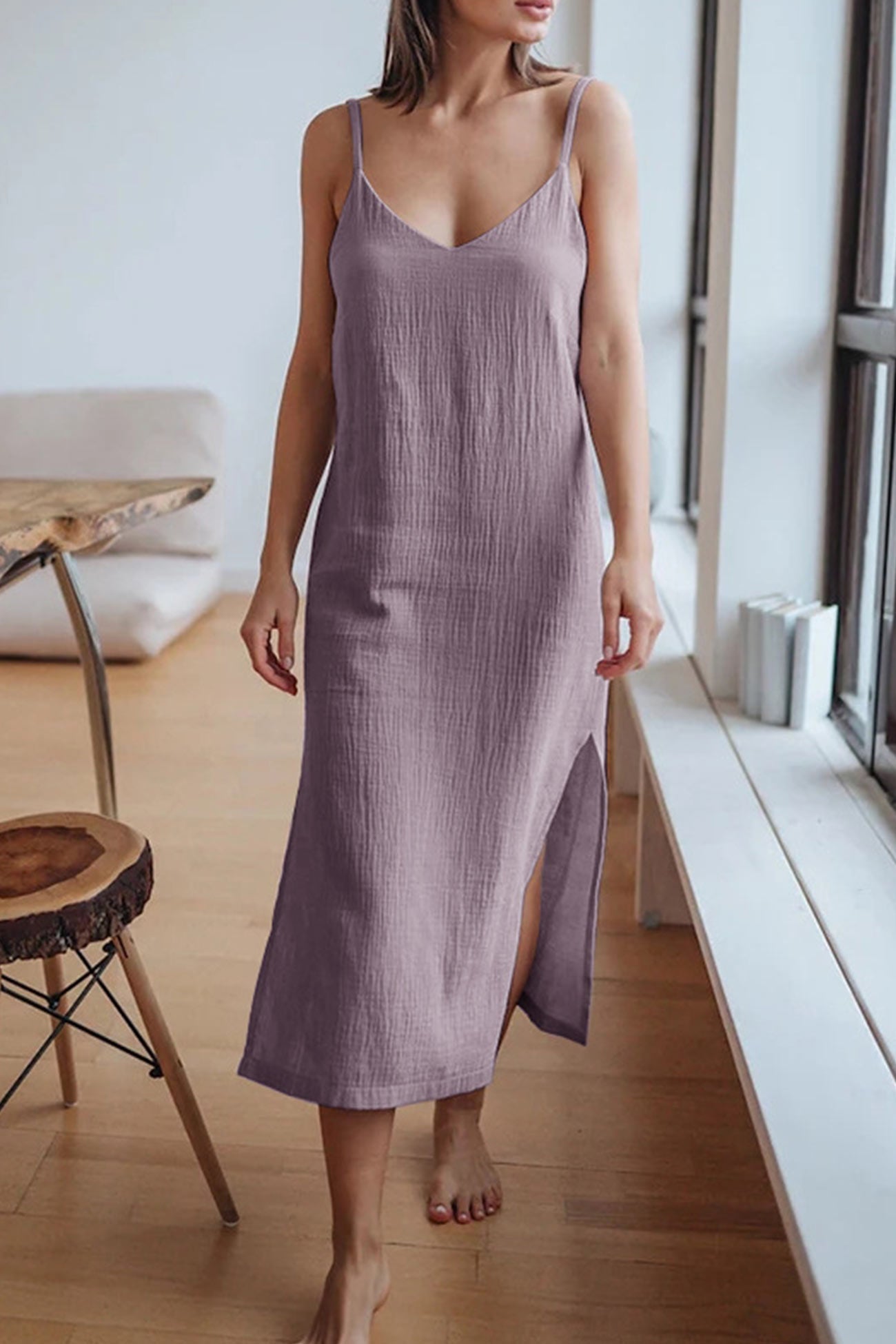 Robe d’Été Femme Cristy – Robe Midi en Lin Cami avec Col en V, Bretelles Spaghetti & Fente