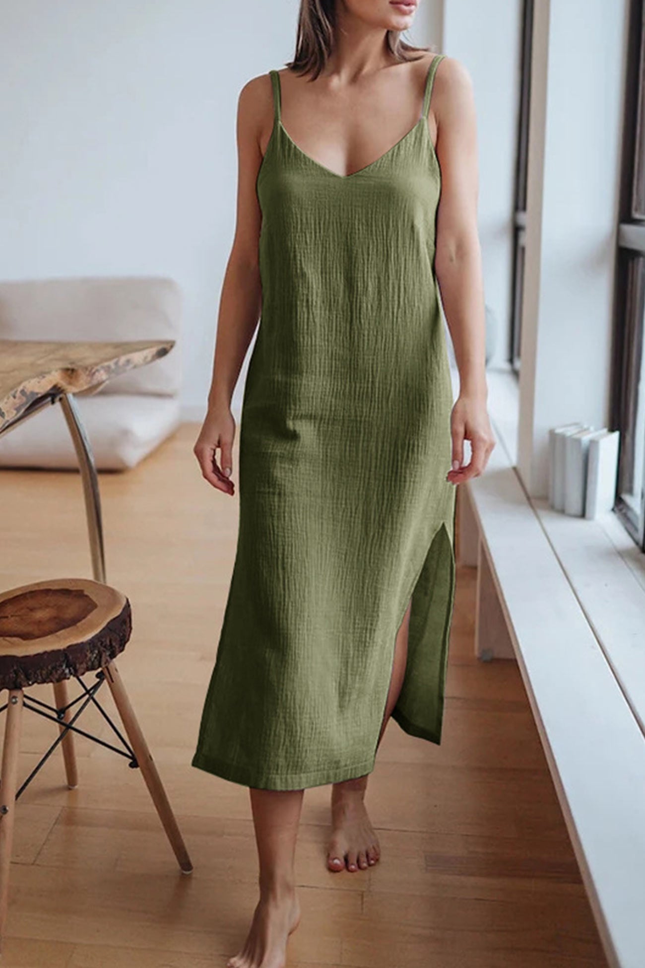 Robe d’Été Femme Cristy – Robe Midi en Lin Cami avec Col en V, Bretelles Spaghetti & Fente