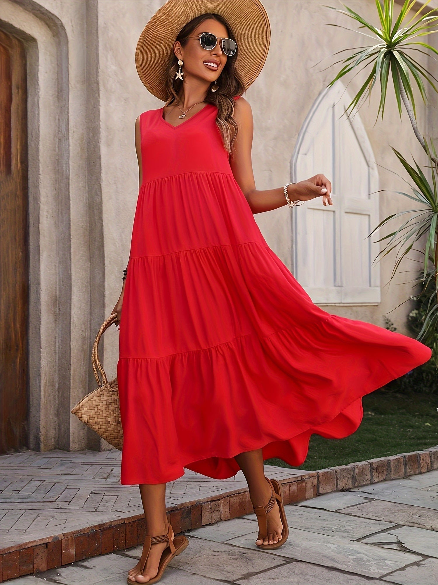 Robe Vellaria – Lange Zomerse Mouwloze Vloeiende Jurk met Volants voor Stijlvolle Dames