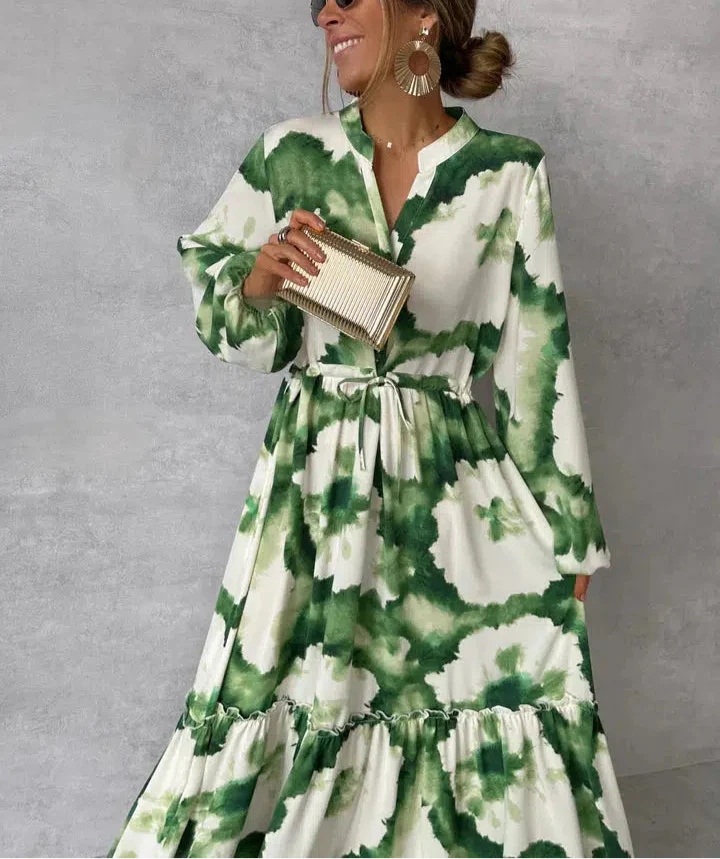 Robe Longue Femme Zia – Elegante vestido verde con mangas largas y profundo escote en V versátil