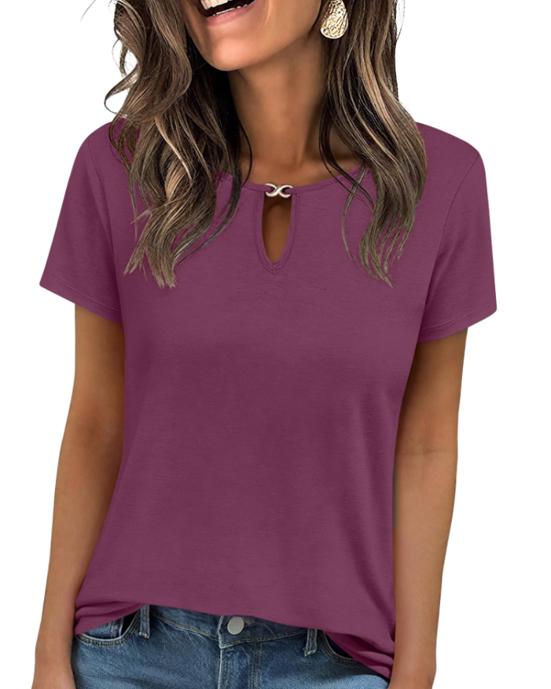Veya Top Femme – Elegant Keyhole Neck T-shirt, Fitted Casual Chic Summer Cut