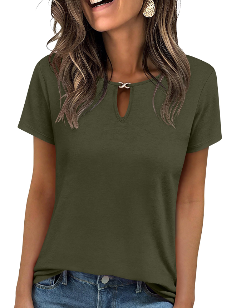 Veya Top Femme – Elegant Keyhole Neck T-shirt, Fitted Casual Chic Summer Cut