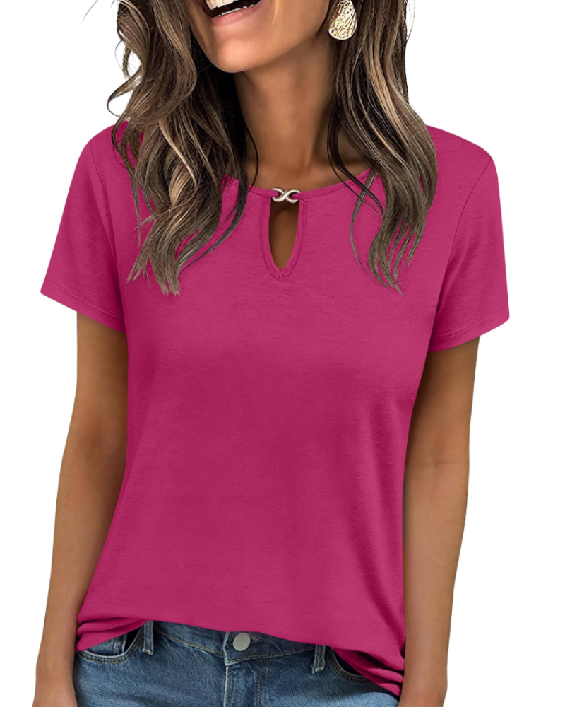 Veya Top Femme – Elegant Keyhole Neck T-shirt, Fitted Casual Chic Summer Cut