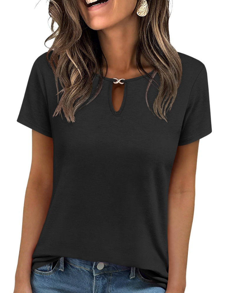 Veya Top Femme – Elegant Keyhole Neck T-shirt, Fitted Casual Chic Summer Cut
