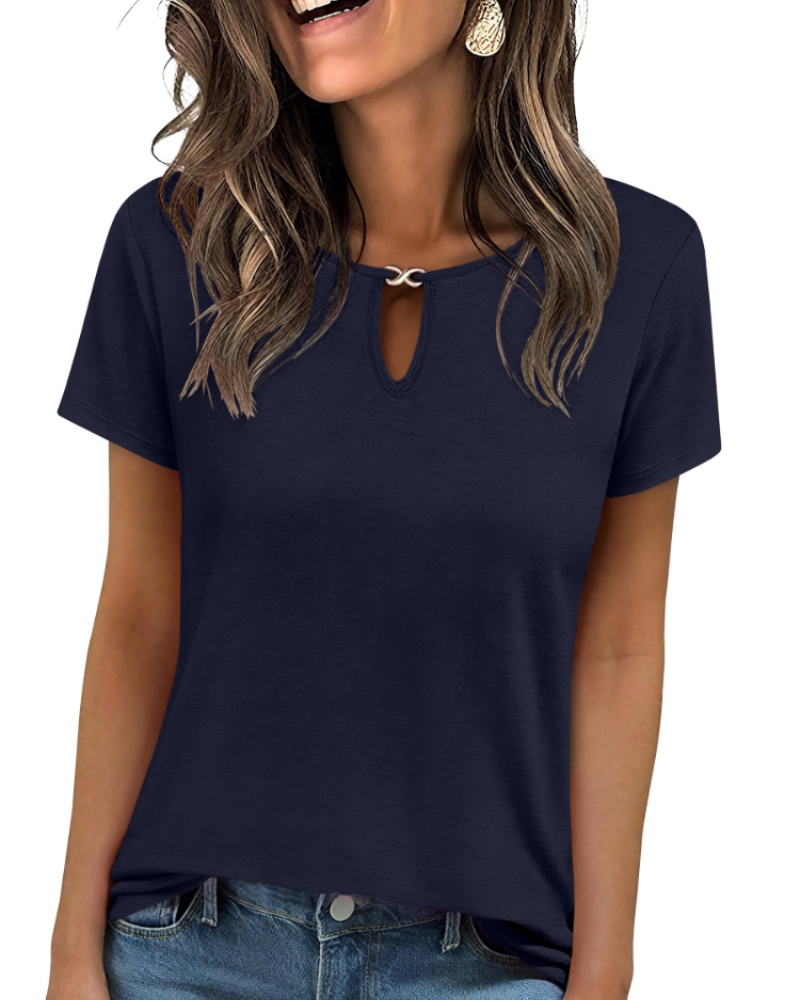 Veya Top Femme – Elegant Keyhole Neck T-shirt, Fitted Casual Chic Summer Cut