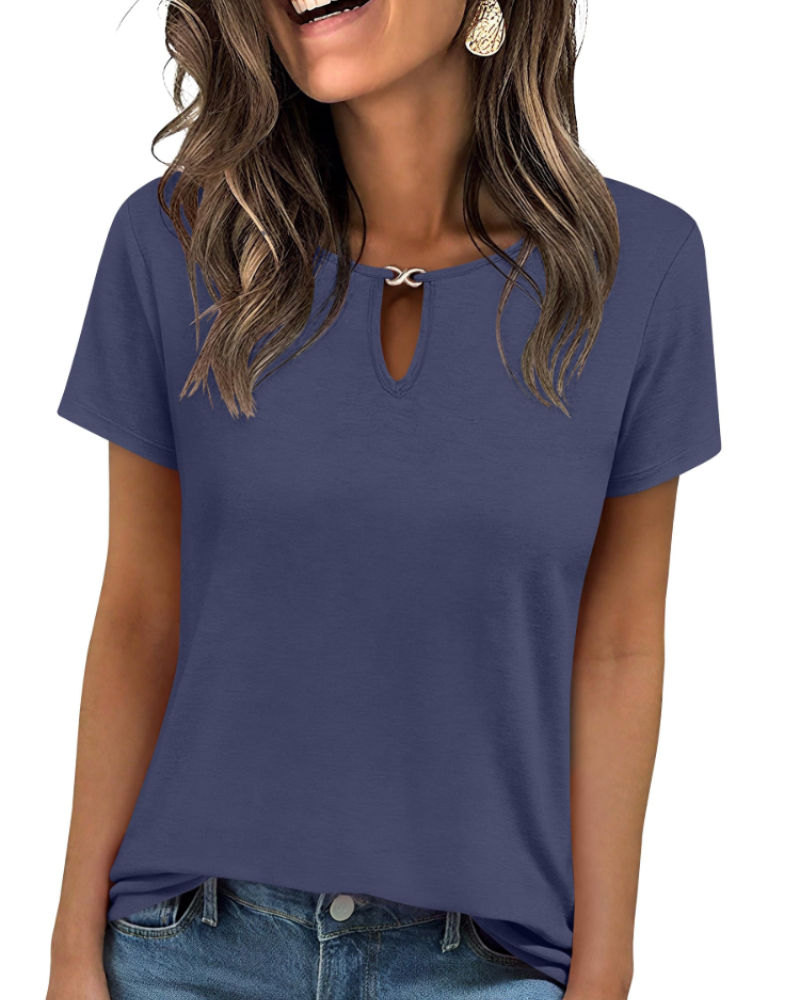 Veya Top Femme – Elegant Keyhole Neck T-shirt, Fitted Casual Chic Summer Cut