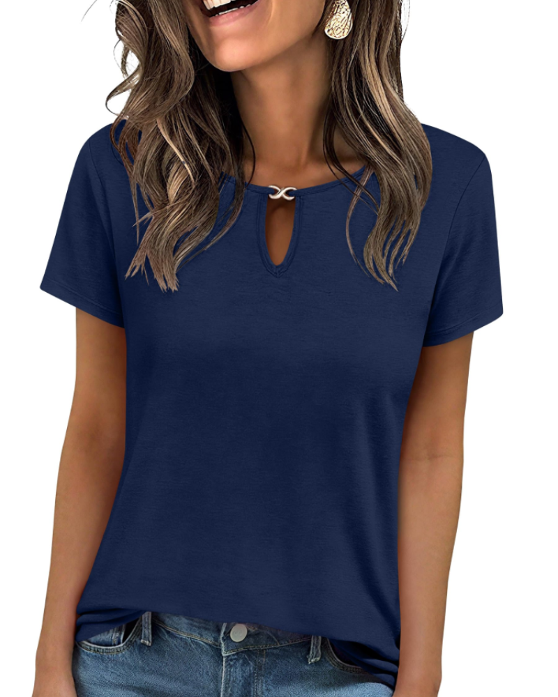 Veya Top Femme – Elegant Keyhole Neck T-shirt, Fitted Casual Chic Summer Cut