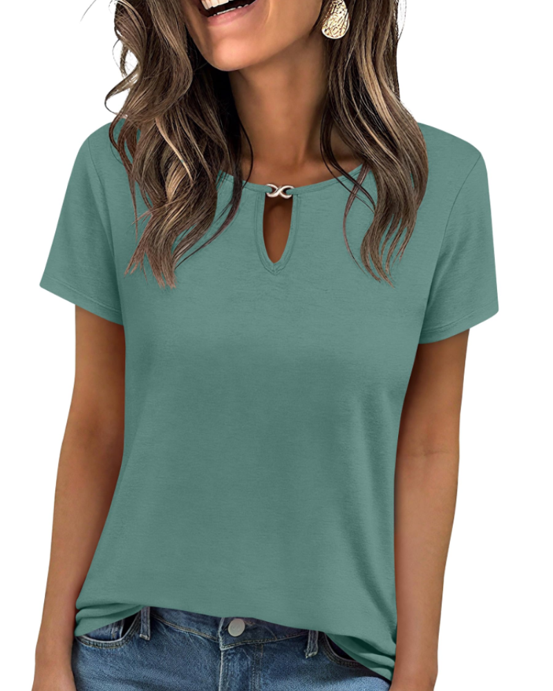 Veya Top Femme – Elegant Keyhole Neck T-shirt, Fitted Casual Chic Summer Cut