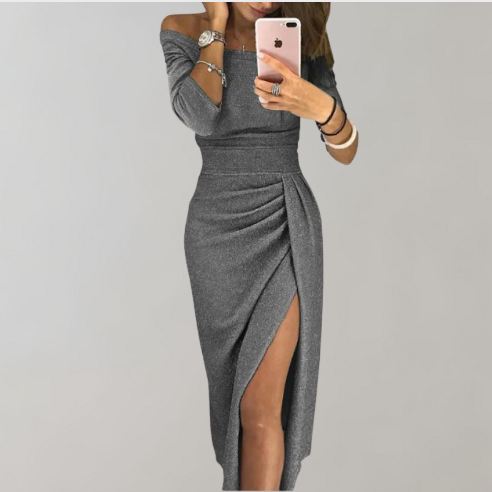 Vestido Cintilante Vilja para Mulher – Vestido Comprido com Mangas Curtas e Detalhes Brilhantes para Ocasiões Festivas