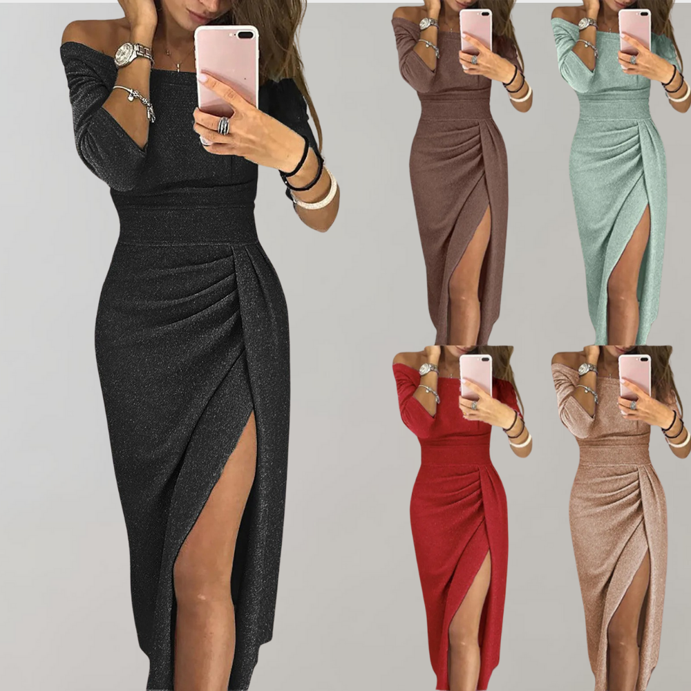 Vestido Cintilante Vilja para Mulher – Vestido Comprido com Mangas Curtas e Detalhes Brilhantes para Ocasiões Festivas
