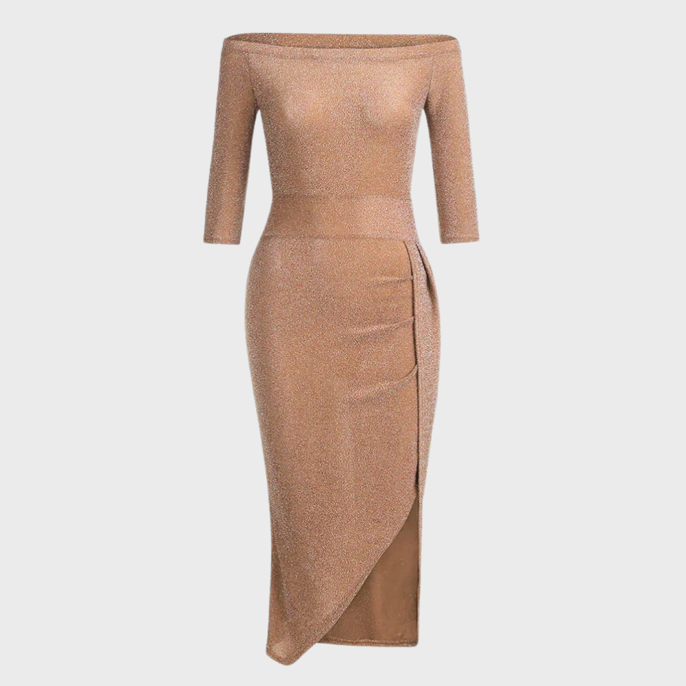 Vestido Cintilante Vilja para Mulher – Vestido Comprido com Mangas Curtas e Detalhes Brilhantes para Ocasiões Festivas