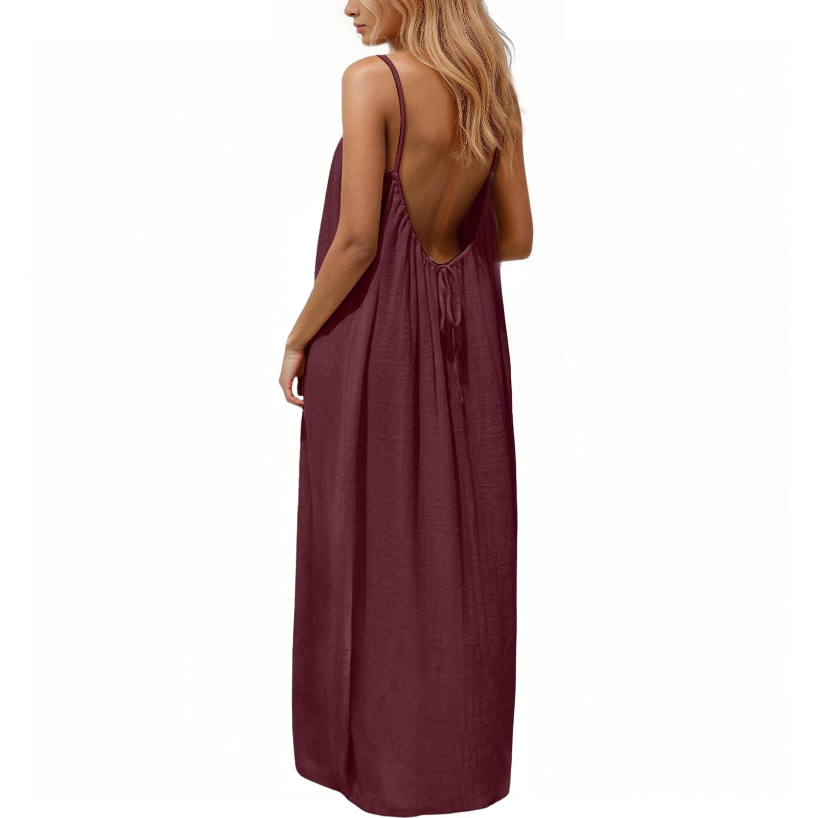 Rowena Maxi-jurk Dames – Open Rug, Verstelbare Bandjes & Effen Zomerjurk met Vloeiende A-lijn