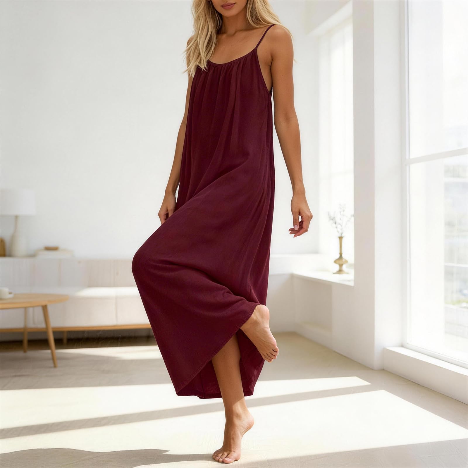 Rowena Maxi-jurk Dames – Open Rug, Verstelbare Bandjes & Effen Zomerjurk met Vloeiende A-lijn