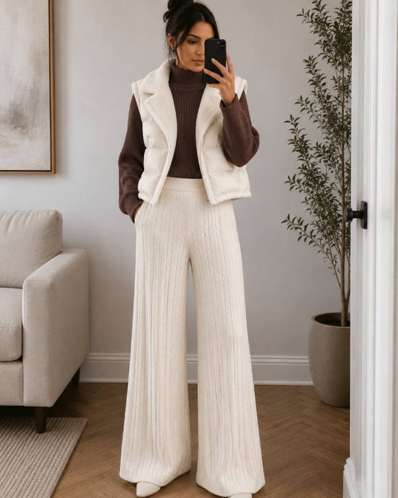 Isabeau Women’s 3-Piece Ensemble – Mock-Neck Sweater, Knit Pants & Quilted Vest