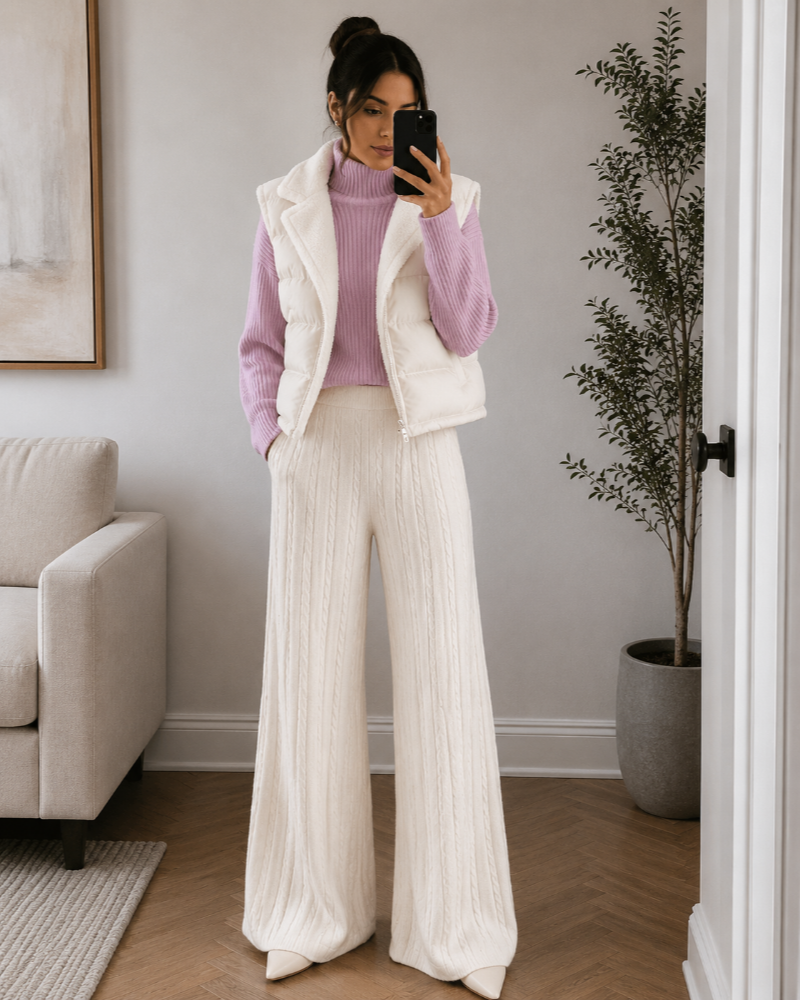 Isabeau Women’s 3-Piece Ensemble – Mock-Neck Sweater, Knit Pants & Quilted Vest