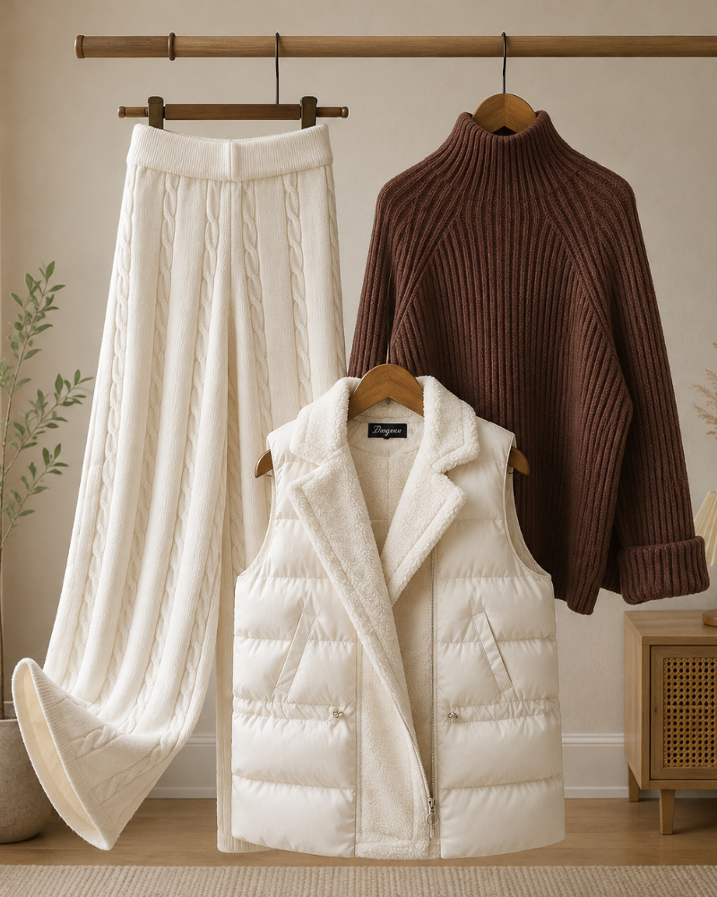 Isabeau Women’s 3-Piece Ensemble – Mock-Neck Sweater, Knit Pants & Quilted Vest