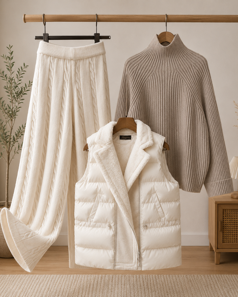 Isabeau Women’s 3-Piece Ensemble – Mock-Neck Sweater, Knit Pants & Quilted Vest