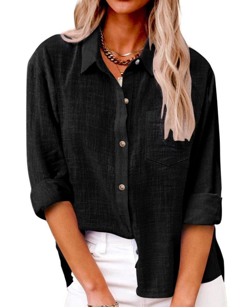 Camisa de mujer Lucienne – 100 % algodón, cuello de pico abotonado, mangas largas y corte holgado