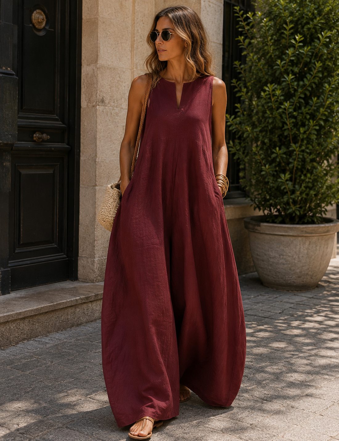 Blake Combinaison Femme – Sans Manches, Jambes Larges, Encolure Fendue & Poches