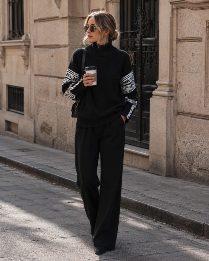 Delaney oversized pullover til kvinder – høj hals, struktureret strik og mønstrede ærmer