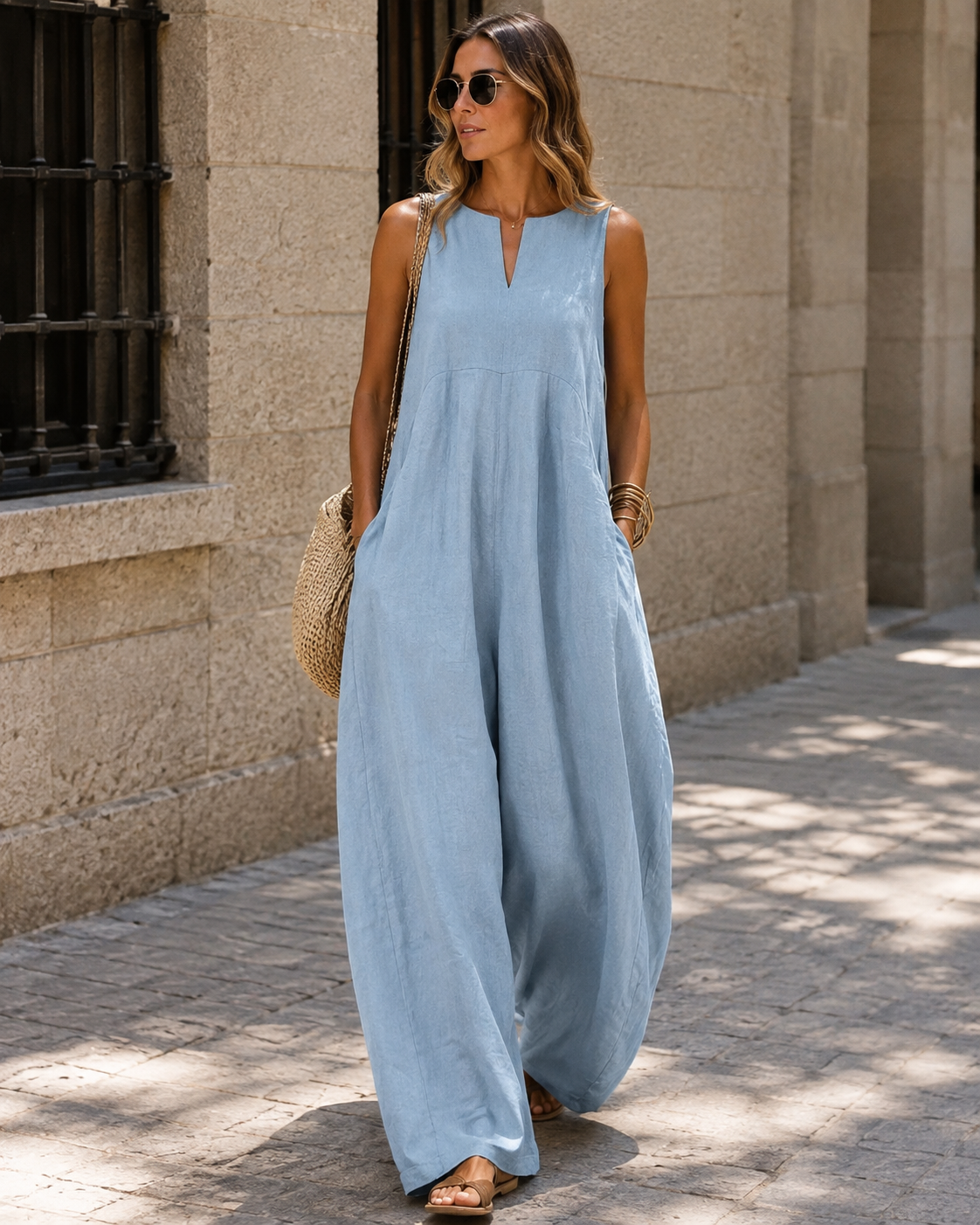 Blake Combinaison Femme – Sans Manches, Jambes Larges, Encolure Fendue & Poches