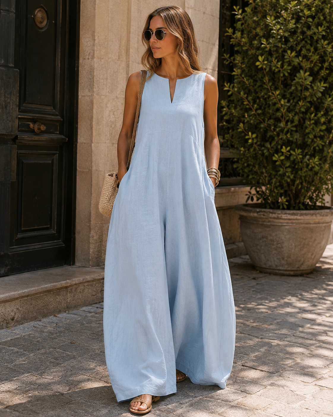 Blake Combinaison Femme – Sans Manches, Jambes Larges, Encolure Fendue & Poches