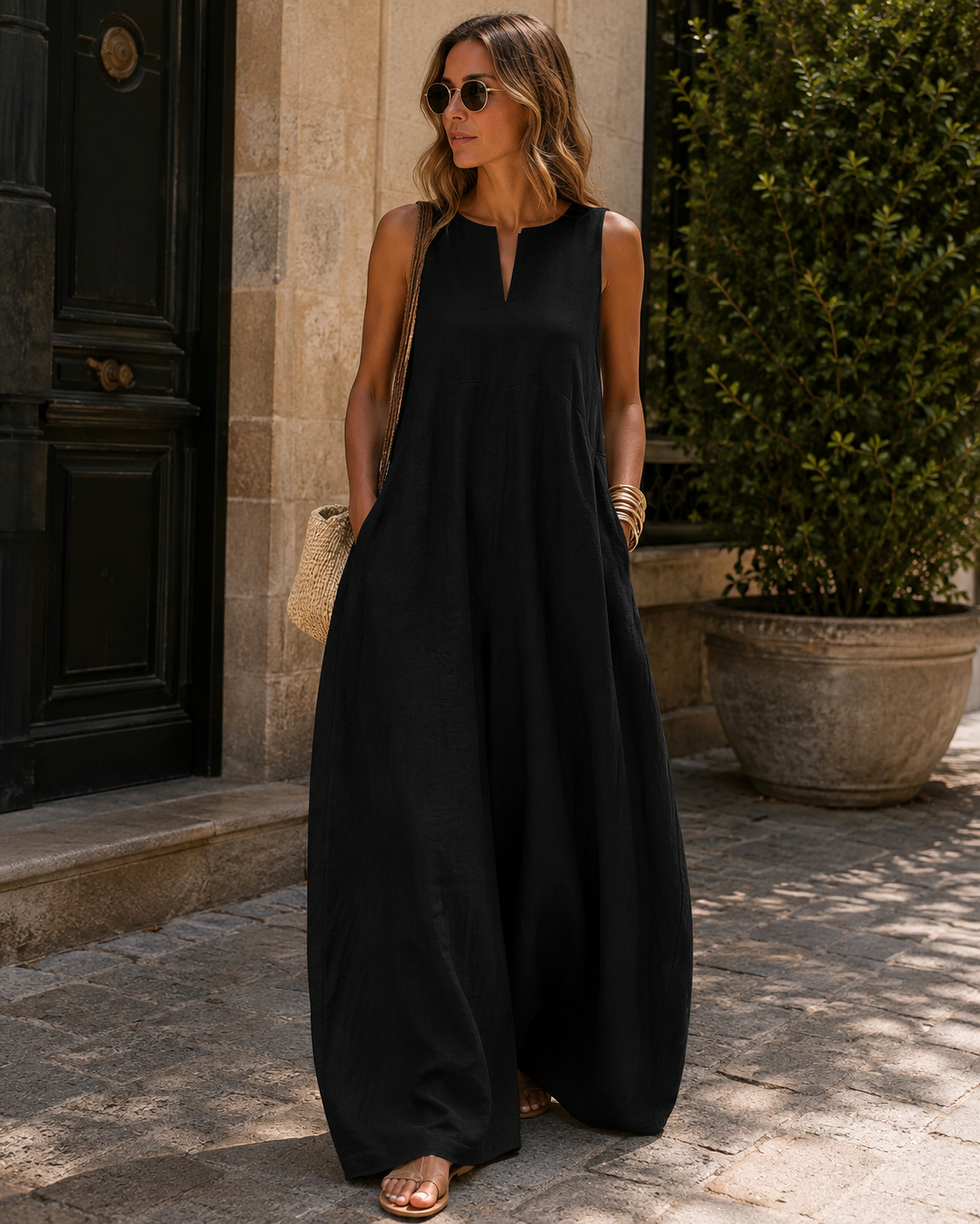 Blake Combinaison Femme – Sans Manches, Jambes Larges, Encolure Fendue & Poches