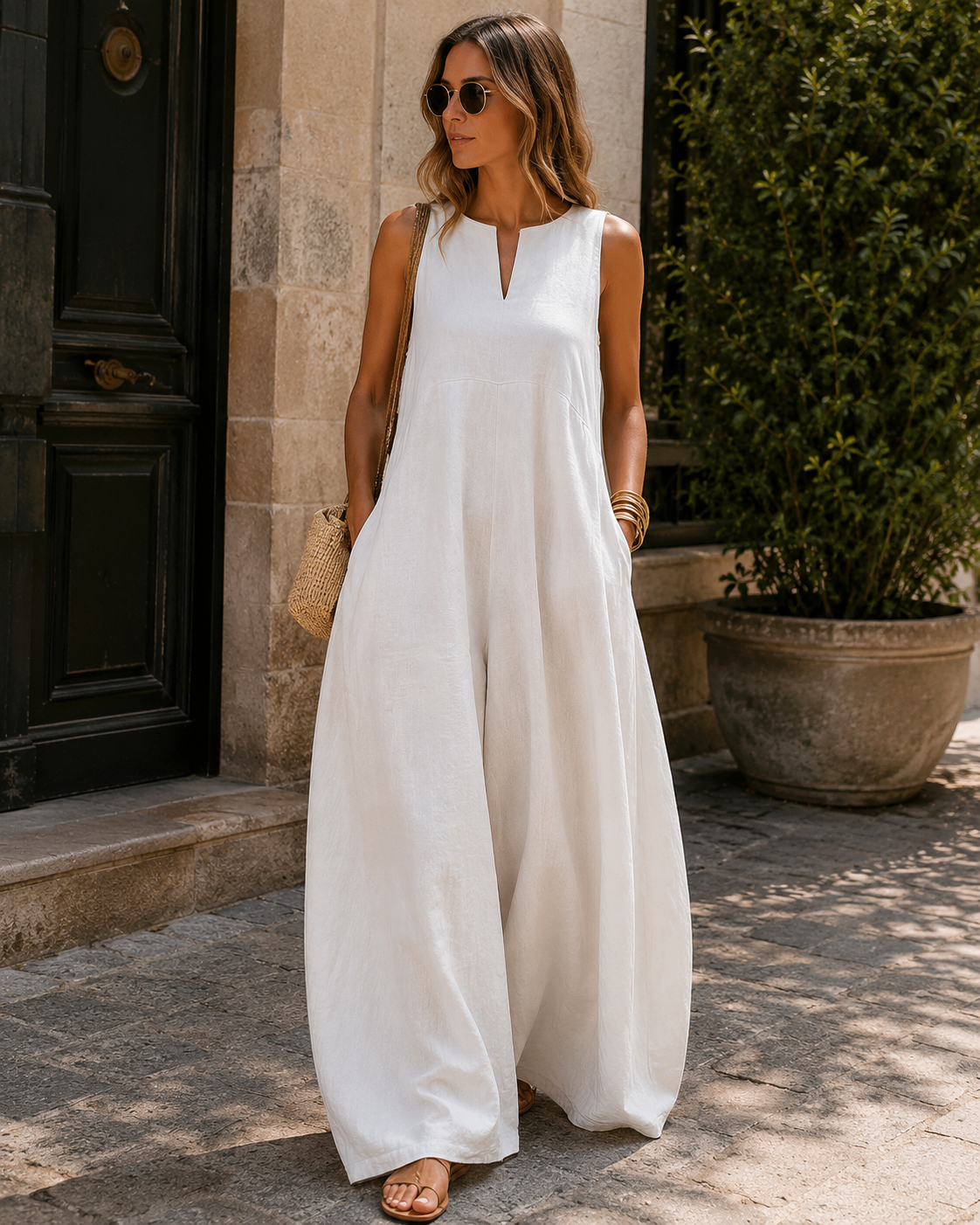Blake Combinaison Femme – Sans Manches, Jambes Larges, Encolure Fendue & Poches