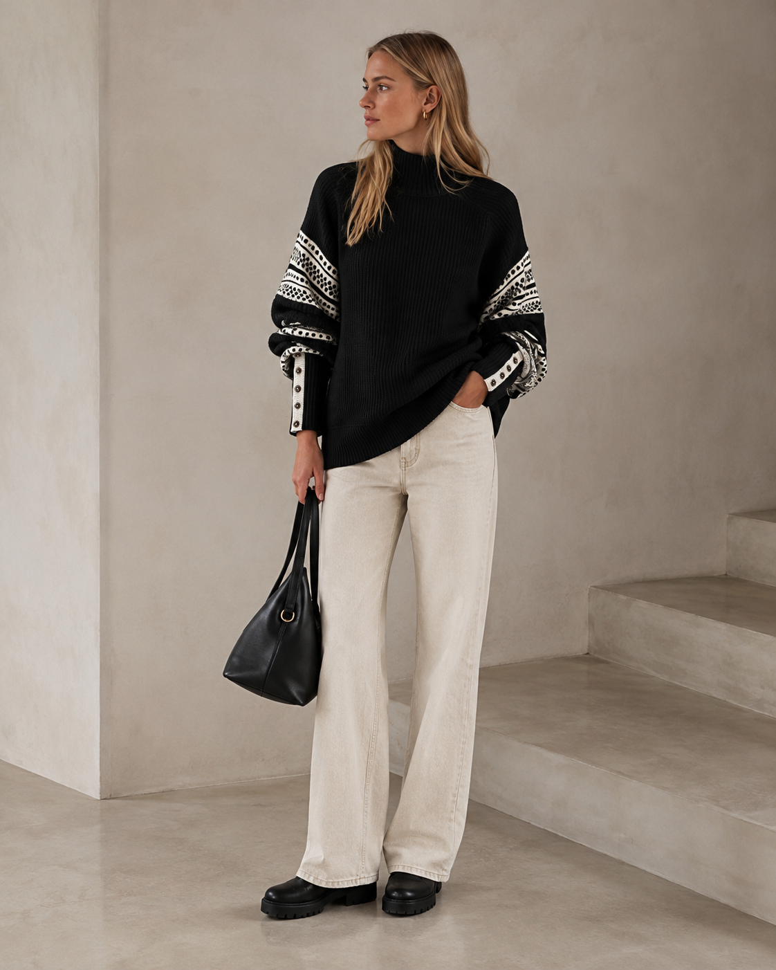 Delaney Oversize-Pullover für Damen – Stehkragen, strukturierter Strick & gemusterte Ärmel