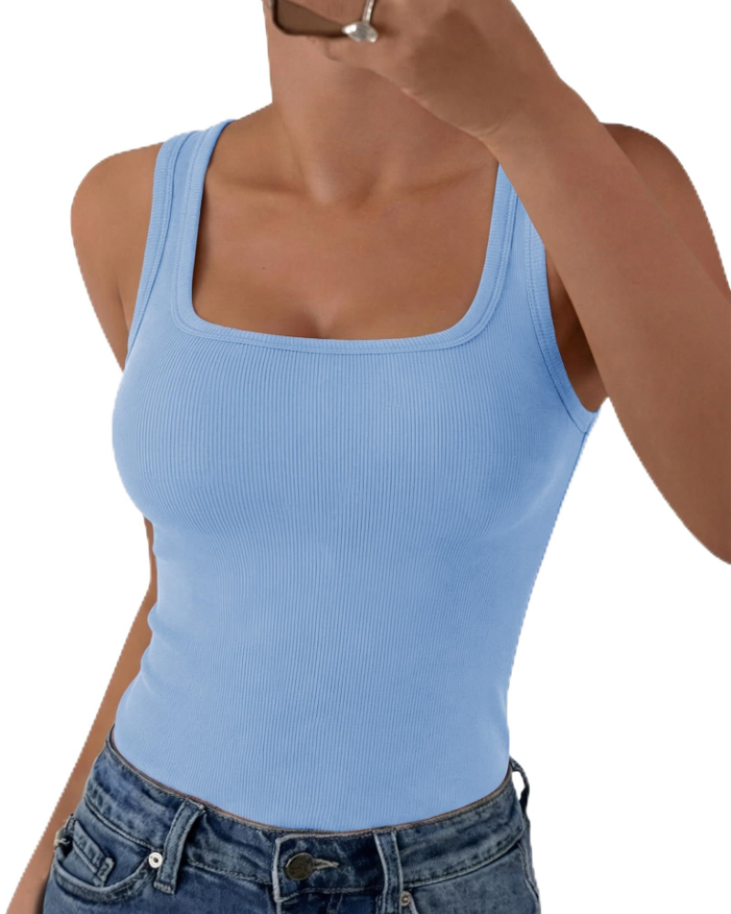Seraphina Top de mujer de canalé – Cuello cuadrado, sin mangas, viscosa elástica y corte entallado