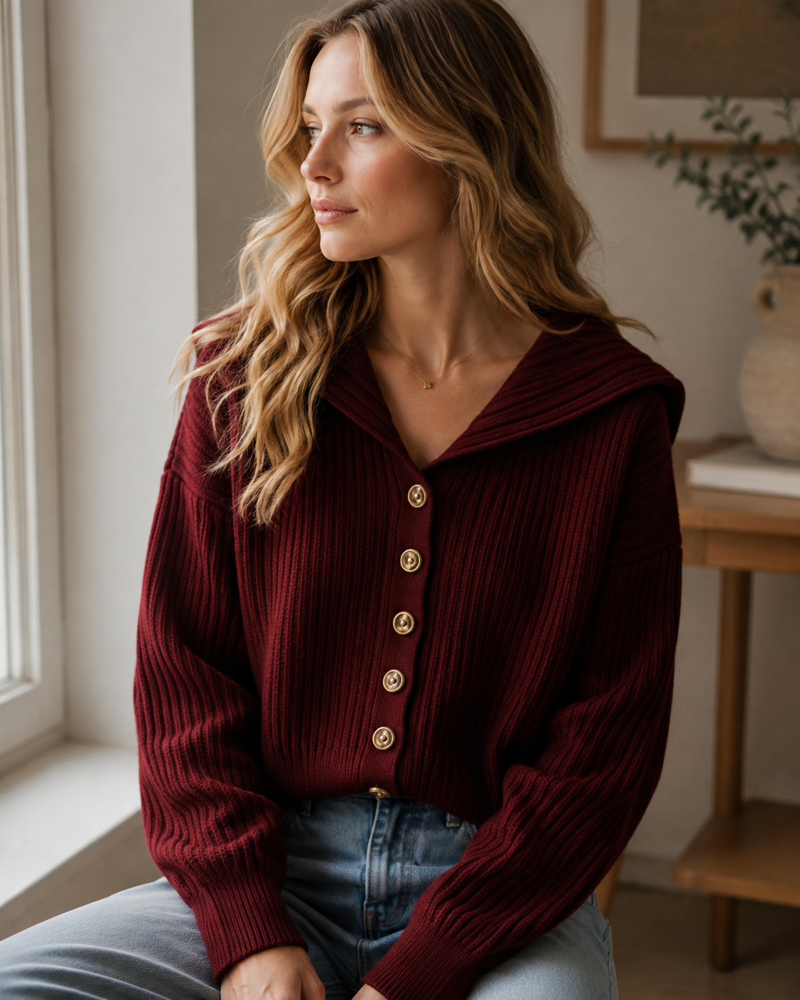 Cardigan de damă Bexley din tricot – guler marinăresc, cu nasturi și textură reiată