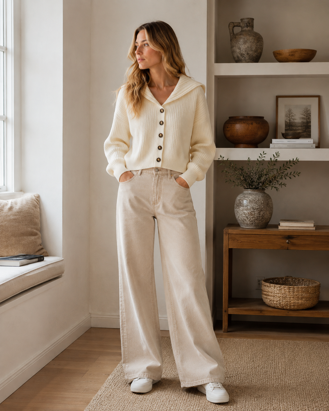 Cardigan de damă Bexley din tricot – guler marinăresc, cu nasturi și textură reiată