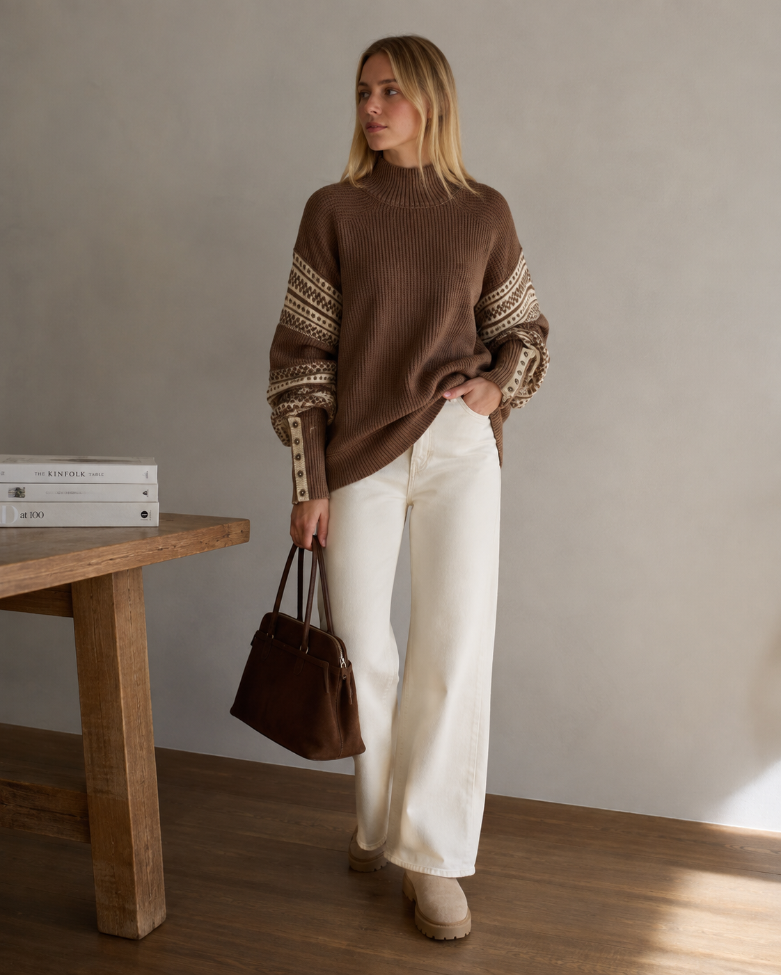 Delaney Oversize-Pullover für Damen – Stehkragen, strukturierter Strick & gemusterte Ärmel