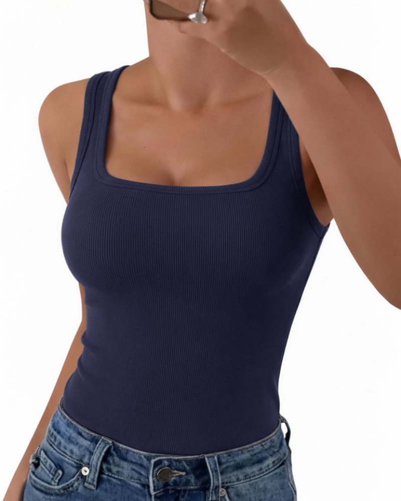 Seraphina Top de mujer de canalé – Cuello cuadrado, sin mangas, viscosa elástica y corte entallado