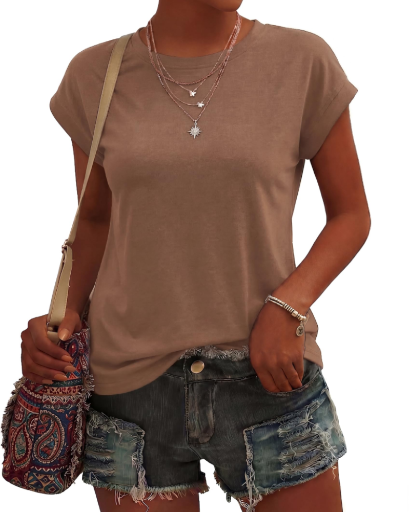 Camiseta de mujer Evangeline – Cuello redondo, mangas cortas, tejido ligero elástico y corte fluido