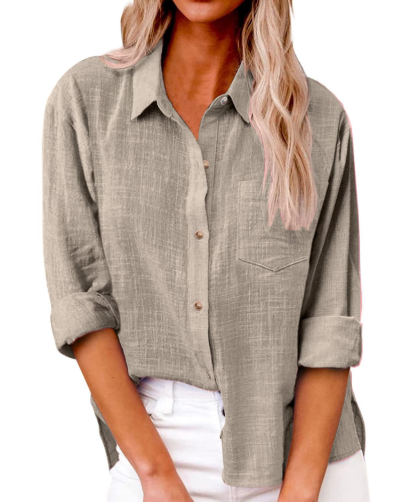 Camisa de mujer Lucienne – 100 % algodón, cuello de pico abotonado, mangas largas y corte holgado