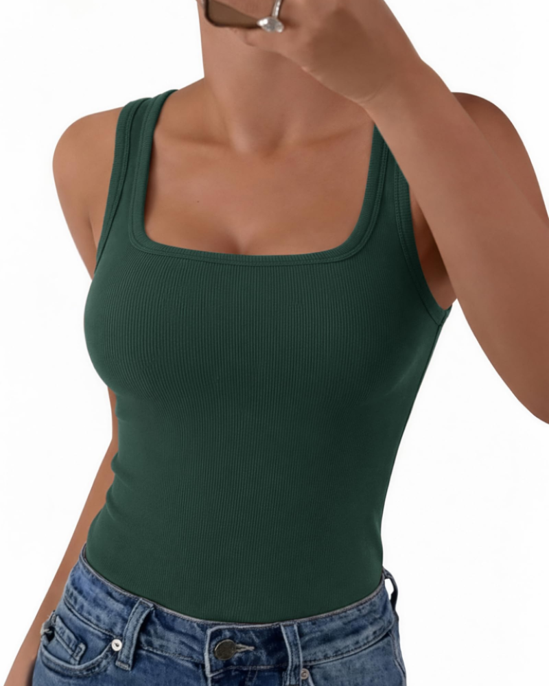 Seraphina Top de mujer de canalé – Cuello cuadrado, sin mangas, viscosa elástica y corte entallado