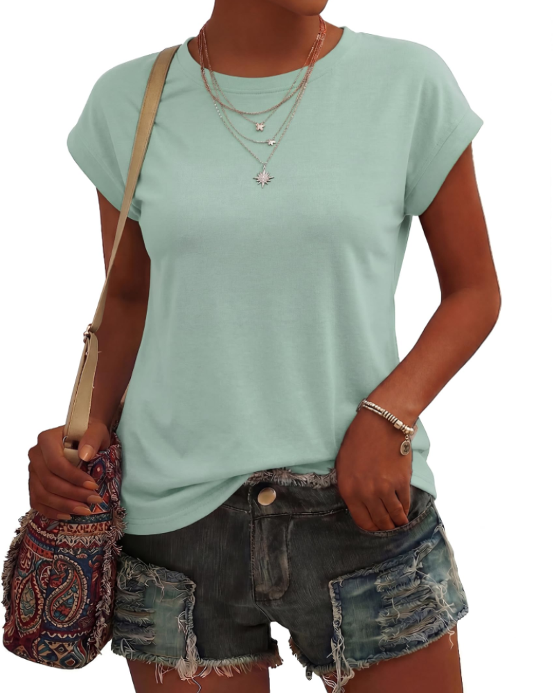 Camiseta de mujer Evangeline – Cuello redondo, mangas cortas, tejido ligero elástico y corte fluido