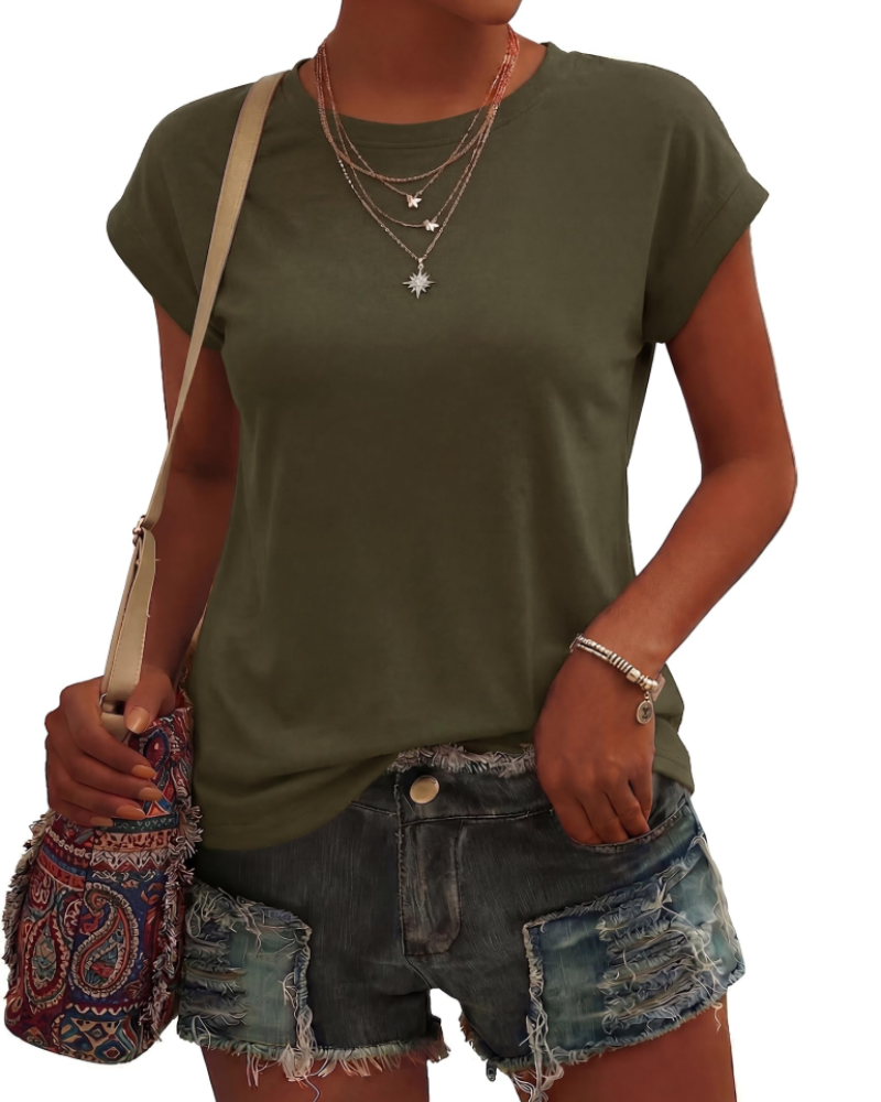 Camiseta de mujer Evangeline – Cuello redondo, mangas cortas, tejido ligero elástico y corte fluido