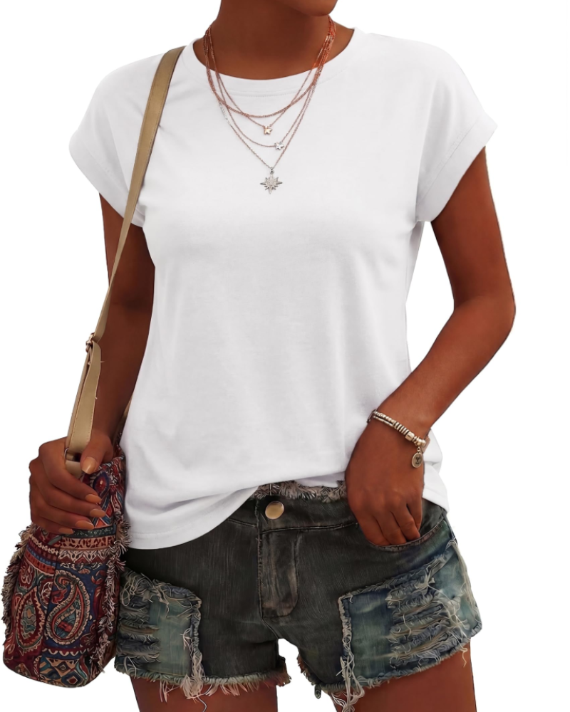 Camiseta de mujer Evangeline – Cuello redondo, mangas cortas, tejido ligero elástico y corte fluido