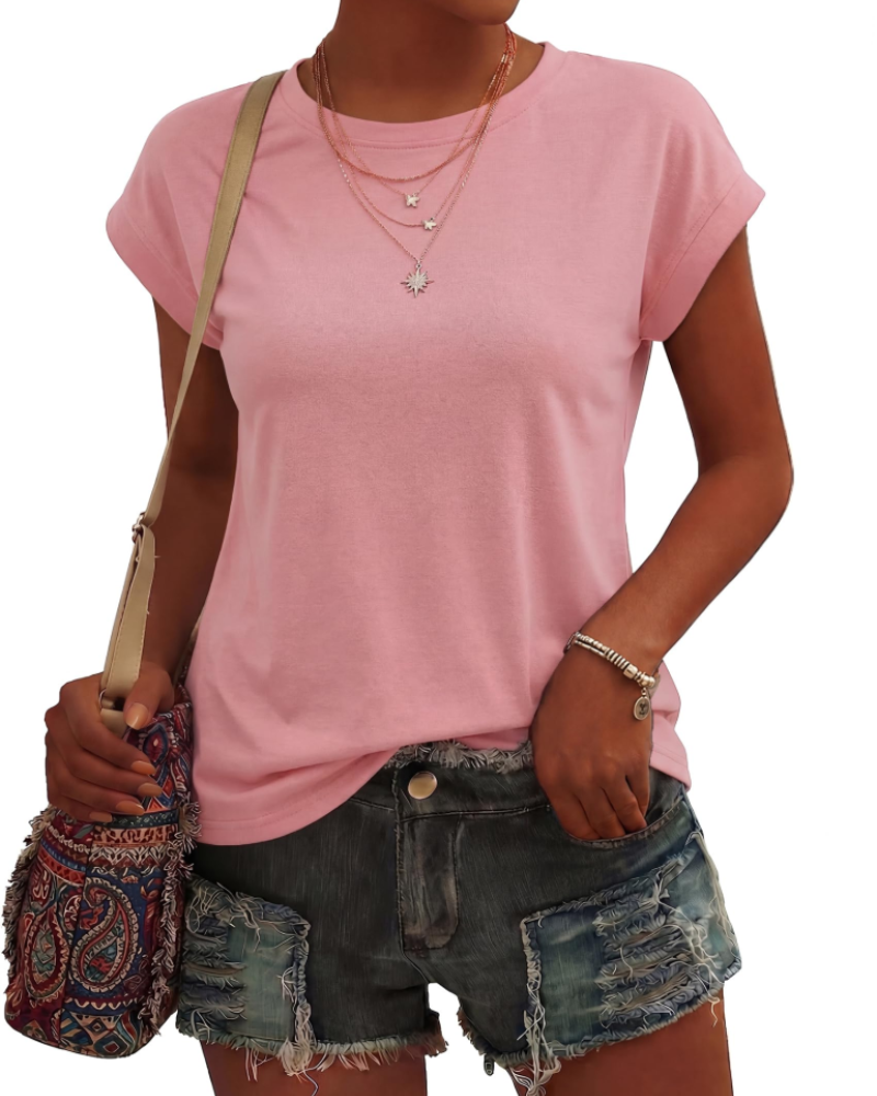 Camiseta de mujer Evangeline – Cuello redondo, mangas cortas, tejido ligero elástico y corte fluido