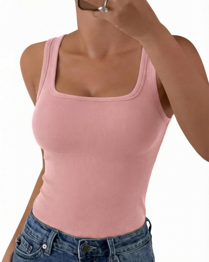 Seraphina Top de mujer de canalé – Cuello cuadrado, sin mangas, viscosa elástica y corte entallado