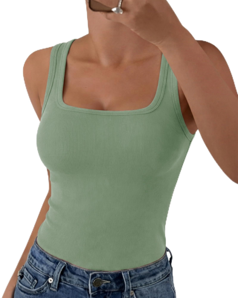 Seraphina Top de mujer de canalé – Cuello cuadrado, sin mangas, viscosa elástica y corte entallado