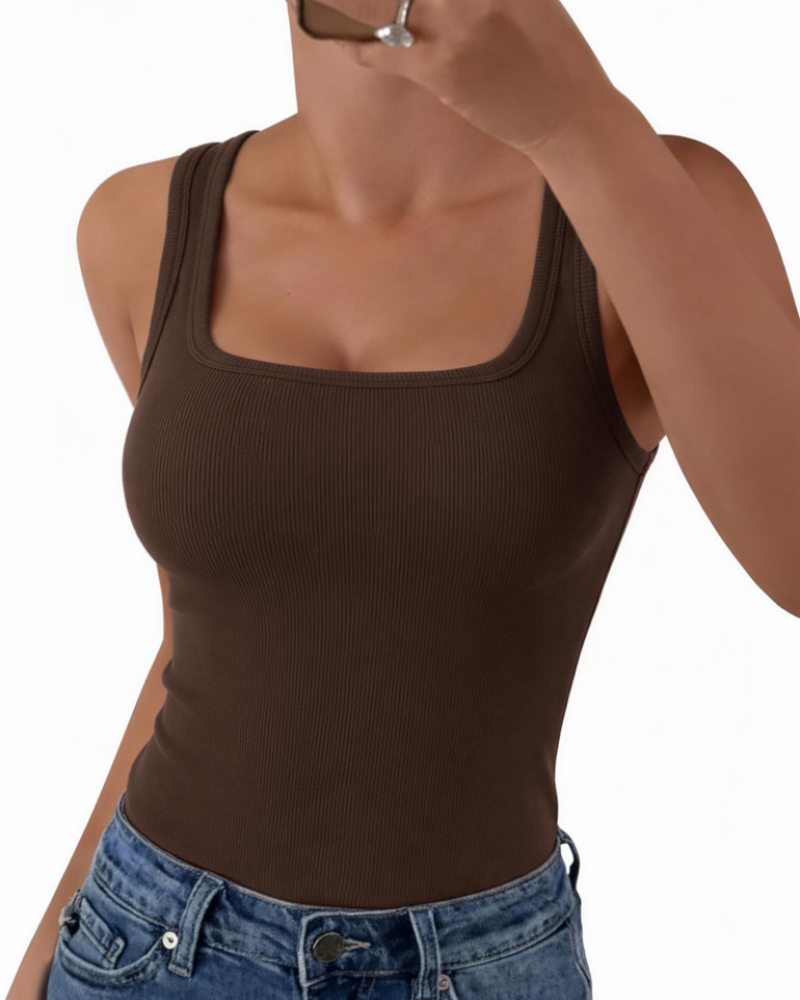 Seraphina Top de mujer de canalé – Cuello cuadrado, sin mangas, viscosa elástica y corte entallado