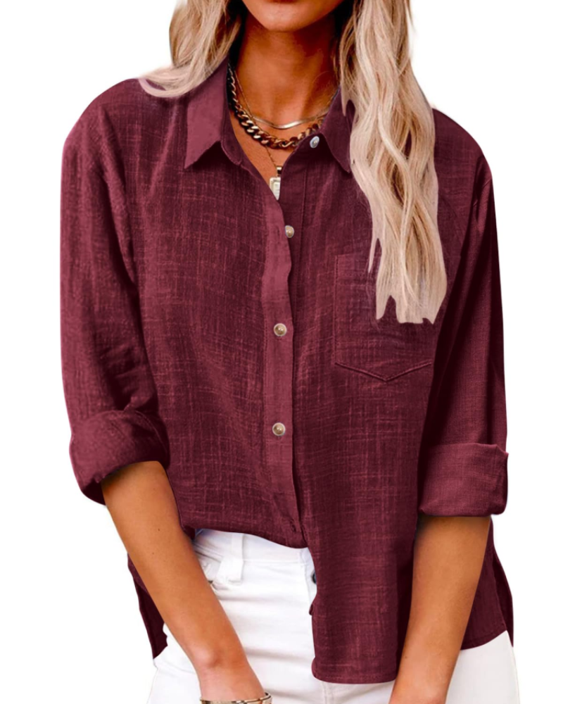 Camisa de mujer Lucienne – 100 % algodón, cuello de pico abotonado, mangas largas y corte holgado