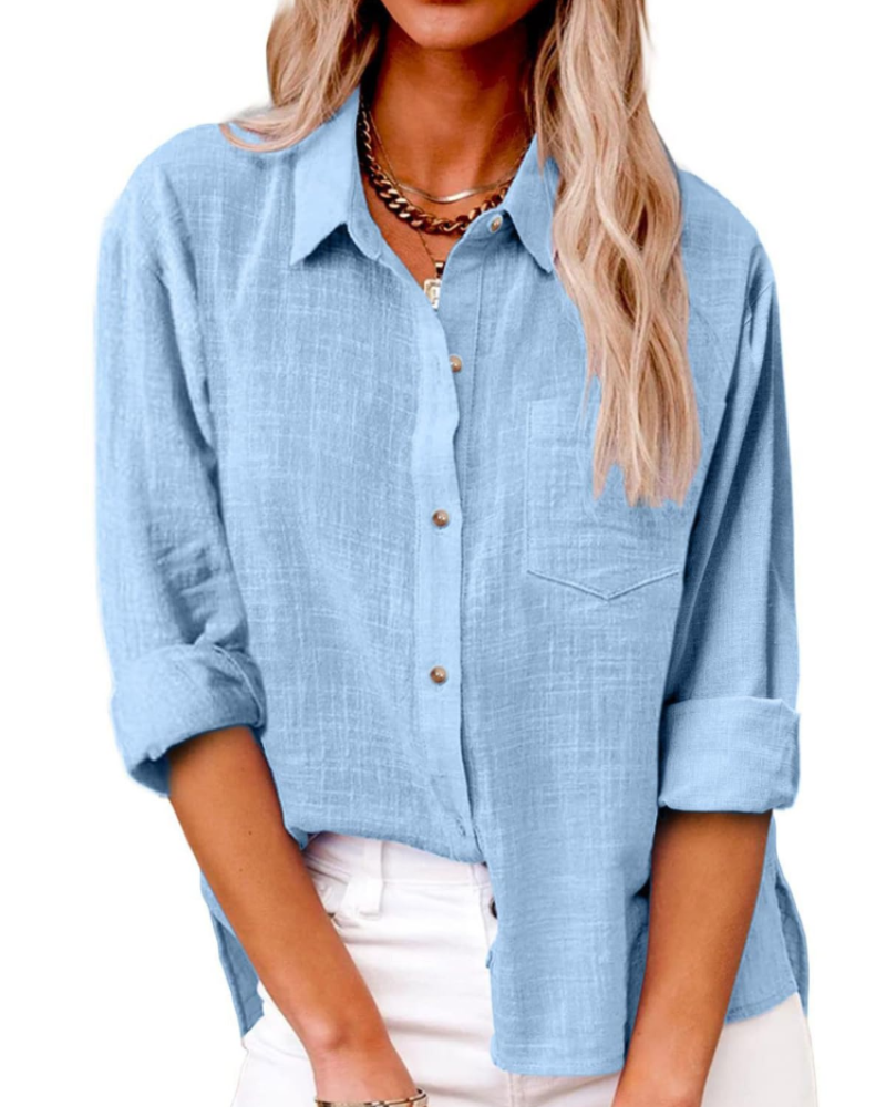 Camisa de mujer Lucienne – 100 % algodón, cuello de pico abotonado, mangas largas y corte holgado